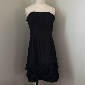 Max and Cleo Black Strapless Cocktail Dress Pleated Trim and Floral Skirt Sz 6